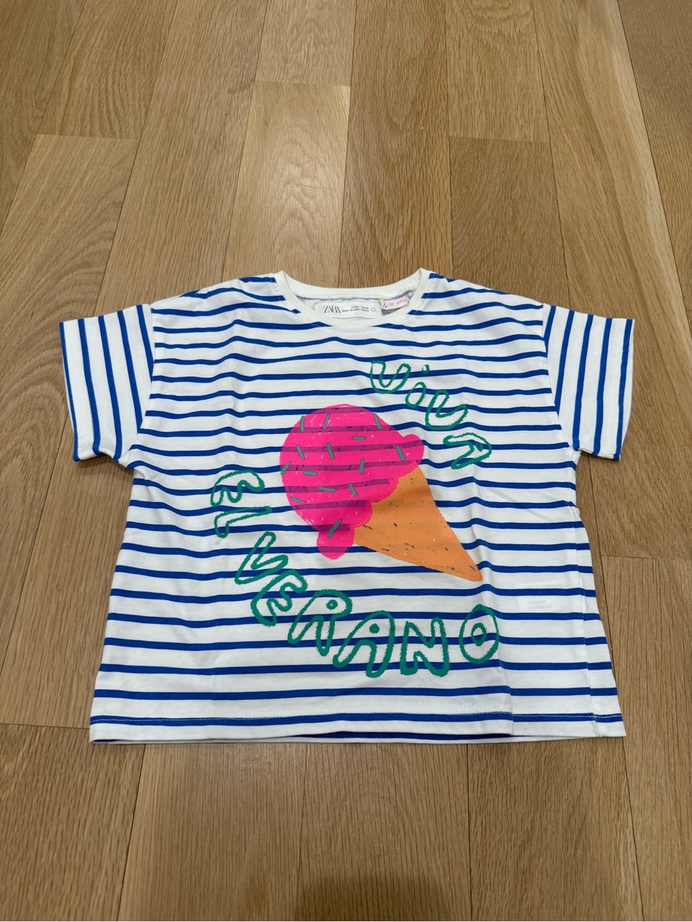 Zara Kids Striped Ice Cream Graphic Tee - White & Blue 5T